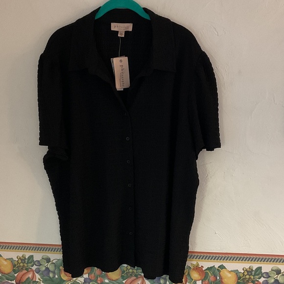 Philosophy Tops - Philosophy Textured Short Sleeve Button Up Top, Size 3X, Black, NWT